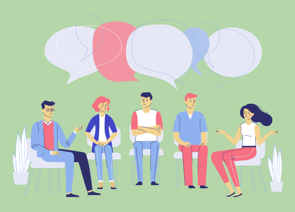 group discussin between men and women showing speech bubble above their heads