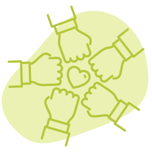 hands full circle fist bumping a heart in the middle representing teamwork