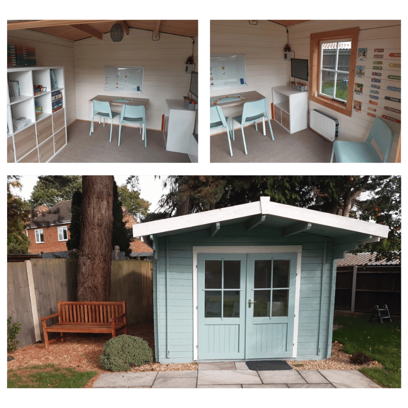 evolve dyslexia blue garden house with school set up inside