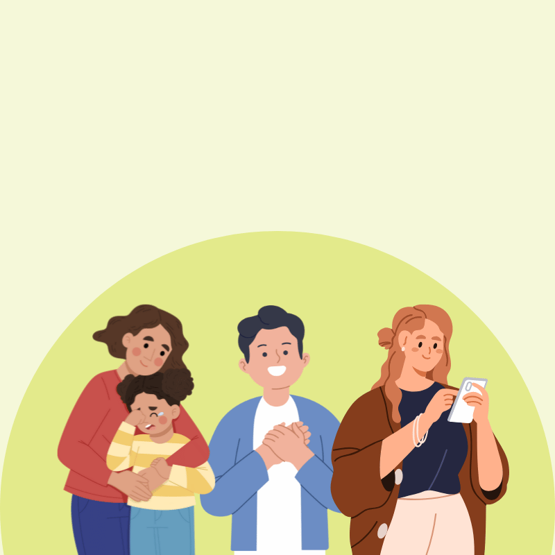 Happy mother and child embracing alongside a happy male and female looking at her phone after finding the support they needed