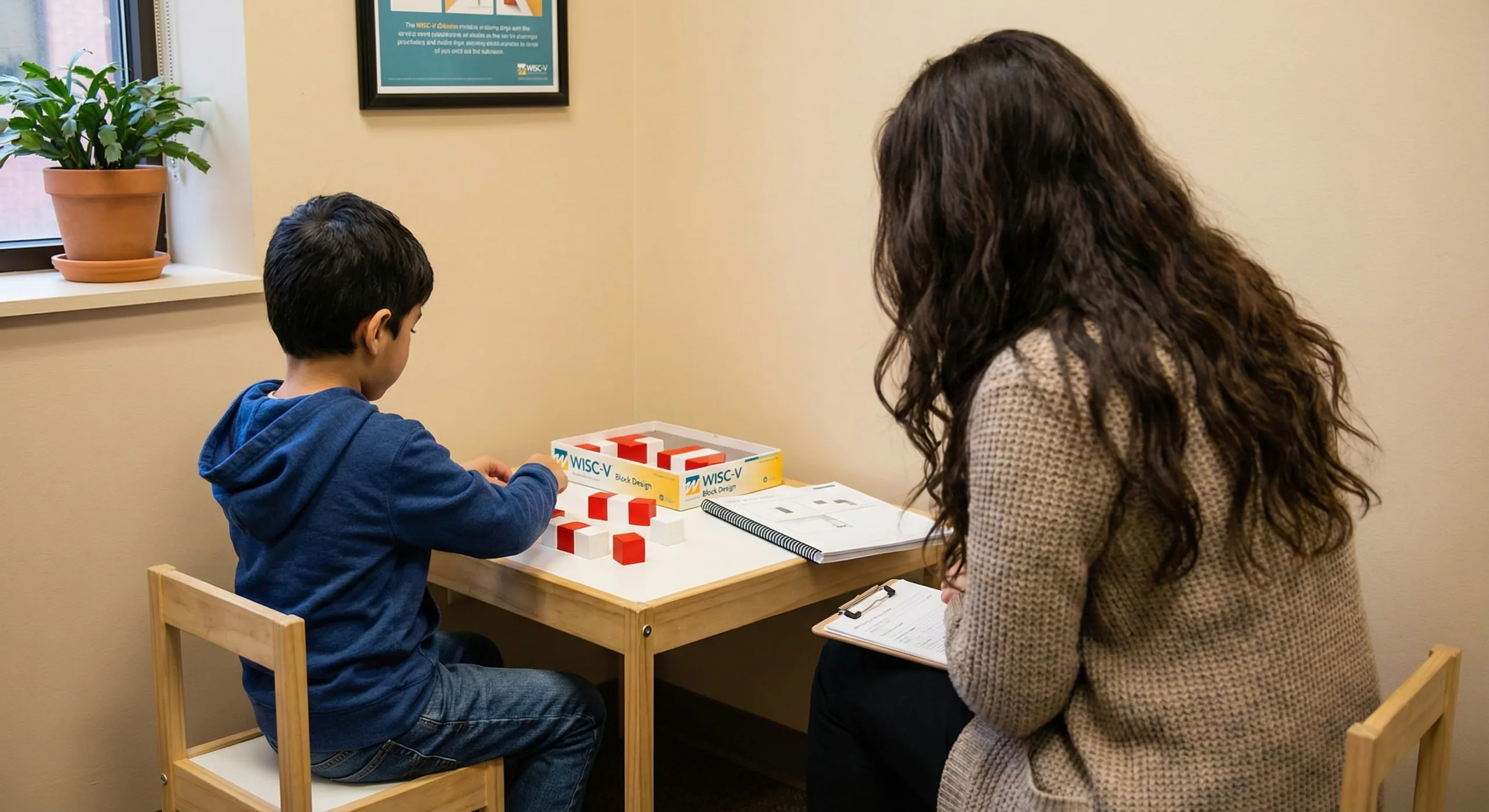 boy sitting rearranging blocks during assessment with female assessor